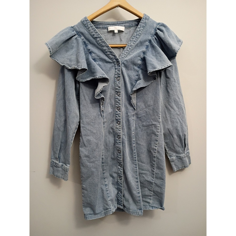 Karlie Denim Ruffle Mini Dress Light Wash Button Front V-Neck FD3478KR Small
